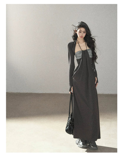 AOMALM - "Twilight River Cove" Cloud Mist Gray Striped Knit Shoulder Wrap Dress Set