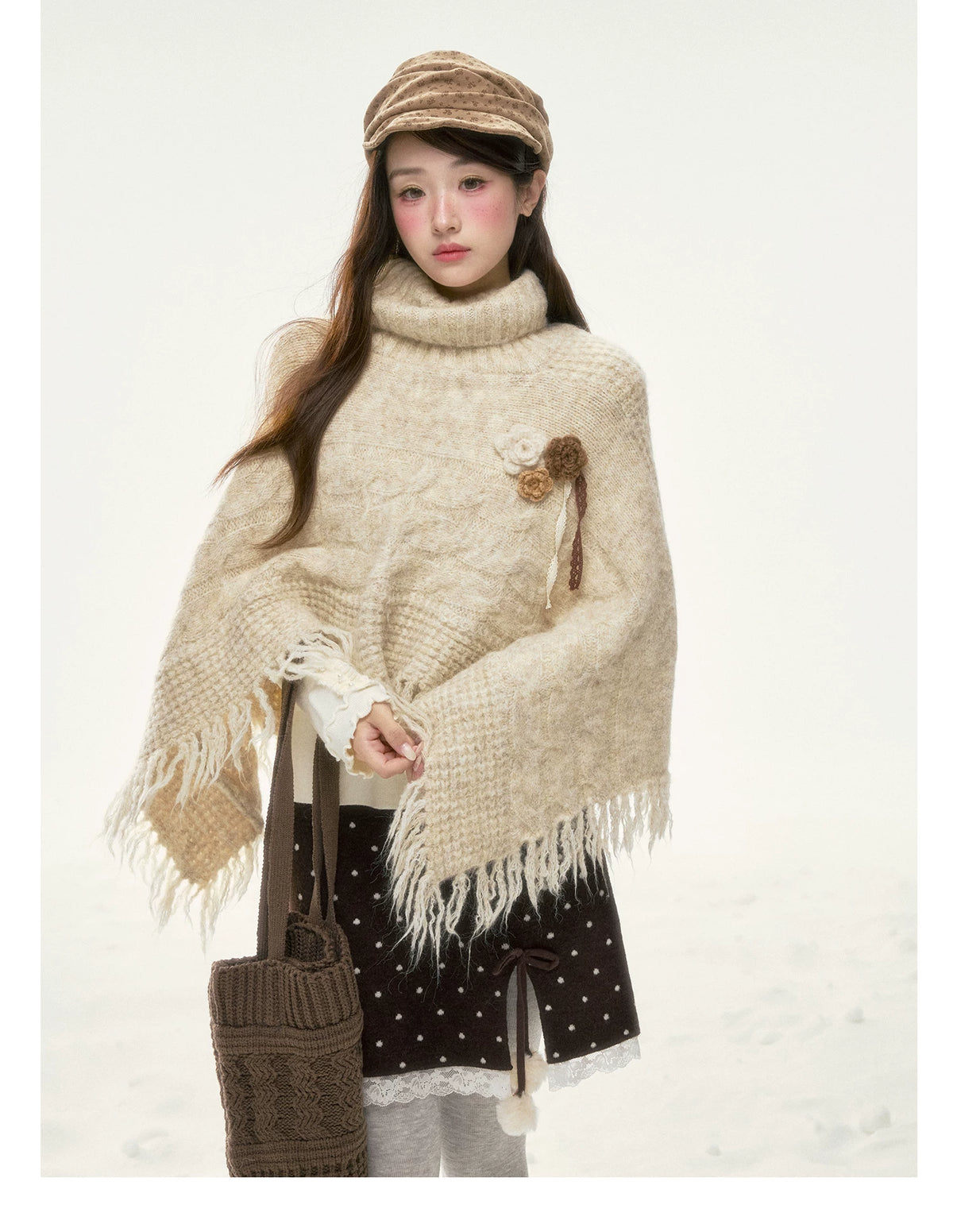 BIBIBENCY - Ivory Knit Cape Shawl with Fringe Trim
