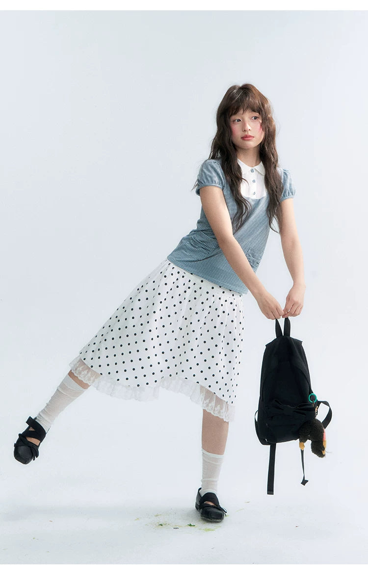 "Polka Poetry" Black & White Polka Dot Asymmetrical Cotton Skirt