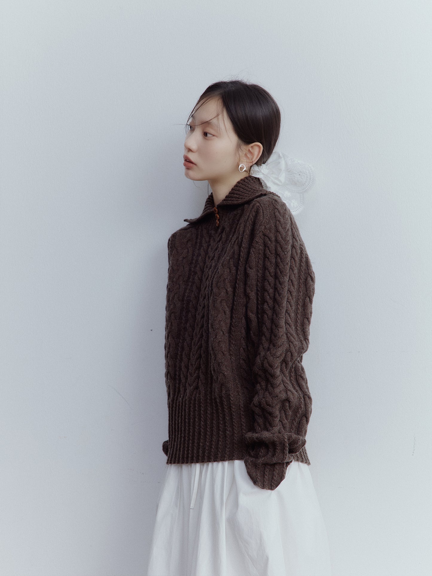 FUSSED Hazelnut Brown Vintage Cable Knit Wool Pullover Sweater FOF-25SS164b