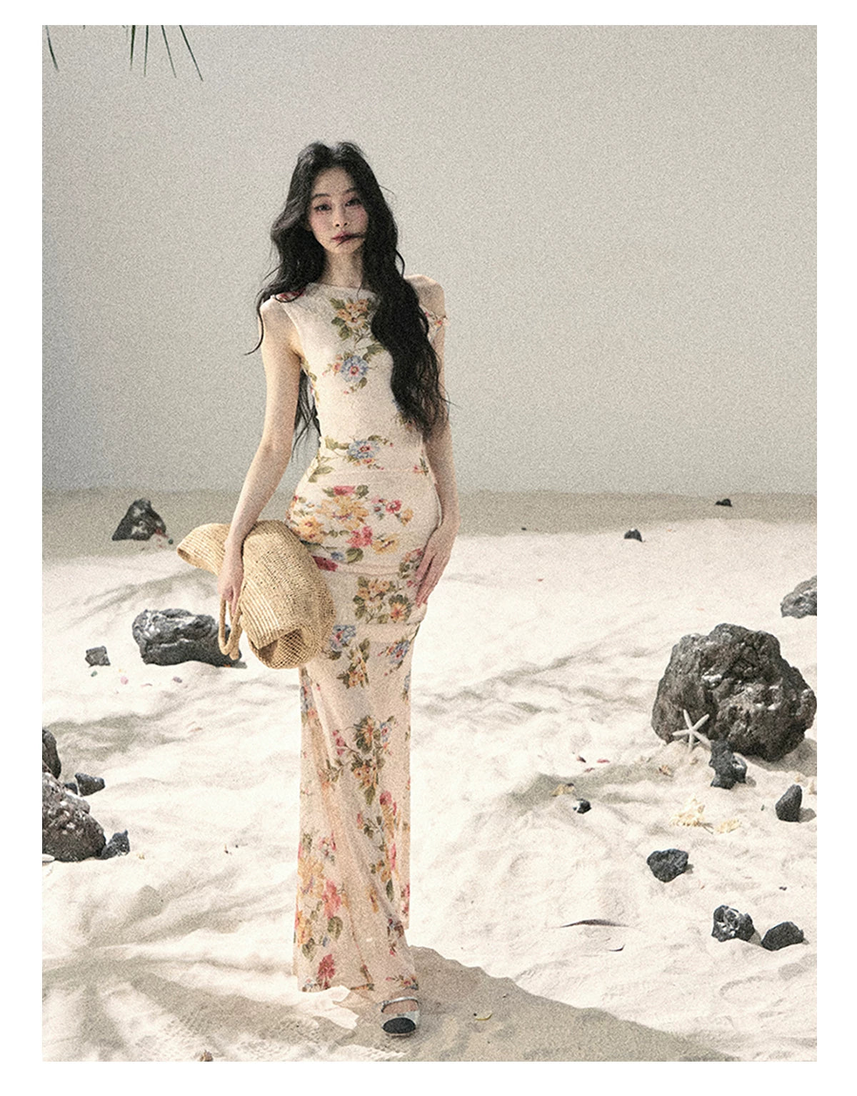 "Waiting for Blossoms" Dutch Cream Floral Mermaid Maxi Dress 43236