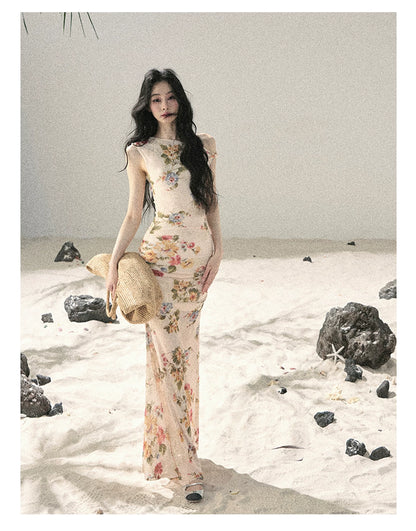 "Waiting for Blossoms" Dutch Cream Floral Mermaid Maxi Dress 43236