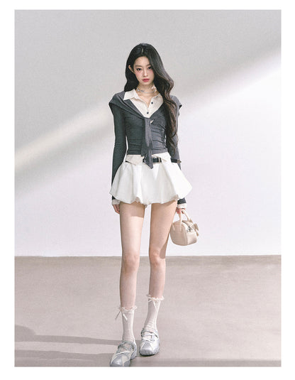 少也眼 "London Art Student" Layered Polo Long Sleeve Crop Tee