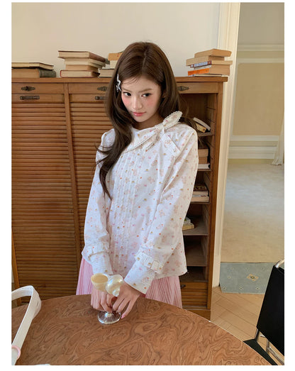 “Pudding Bear Letter” White Teddy Print Lace Blouse