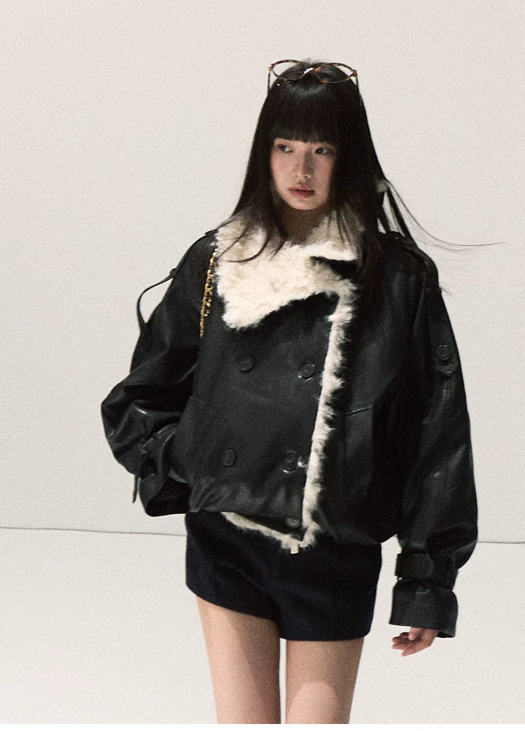 OAKMOO/ Cropped Faux Leather Shearling-Collar Jacket (Rich Black / Hazelnut Khaki)