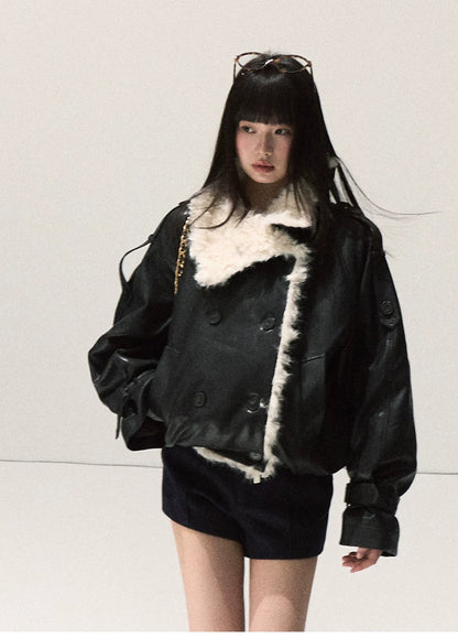 OAKMOO/ Cropped Faux Leather Shearling-Collar Jacket (Rich Black / Hazelnut Khaki)