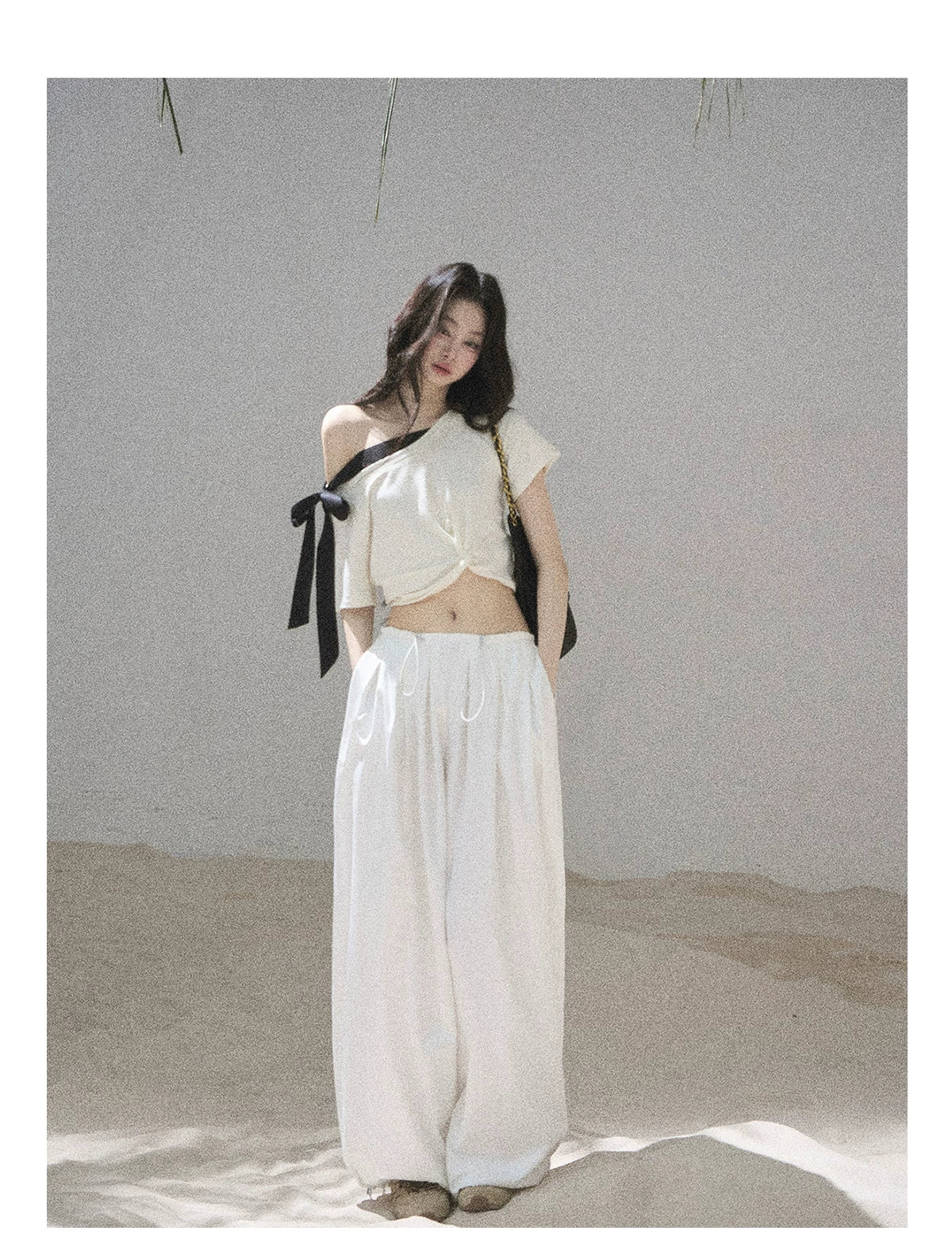 "Moonlight Upon Her" Creamy Apricot Off-Shoulder Twist Cropped T-Shirt