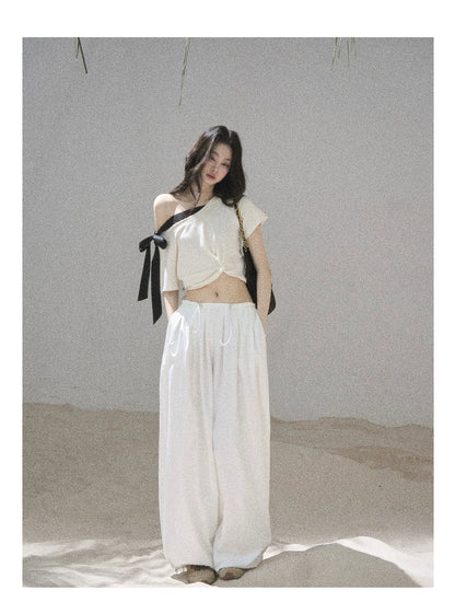 "Moonlight Upon Her" Creamy Apricot Off-Shoulder Twist Cropped T-Shirt