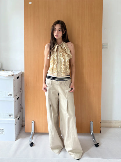 LOST FOREST - Warm Gold Acetate Lace Ruffle Halter Top
