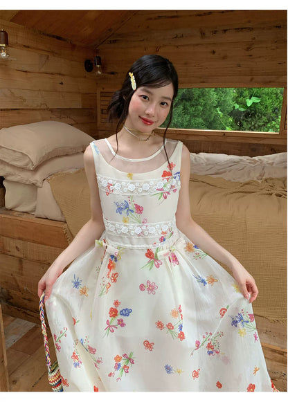 [RF] “Sunlit Wildflower Reverie” Ivory Floral Tulle Maxi Dress