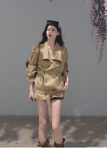 OAKMOO/ Belted Double-Breasted Trench Jacket (Deep Black / Hazel Khaki)