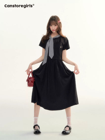 "Summer Ribbon Letter" Tie-Neck Preppy Dress LL2026016