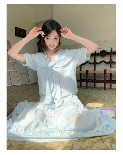 “Blue Blossom Chronicle” Ice Blue Floral Skirt Set