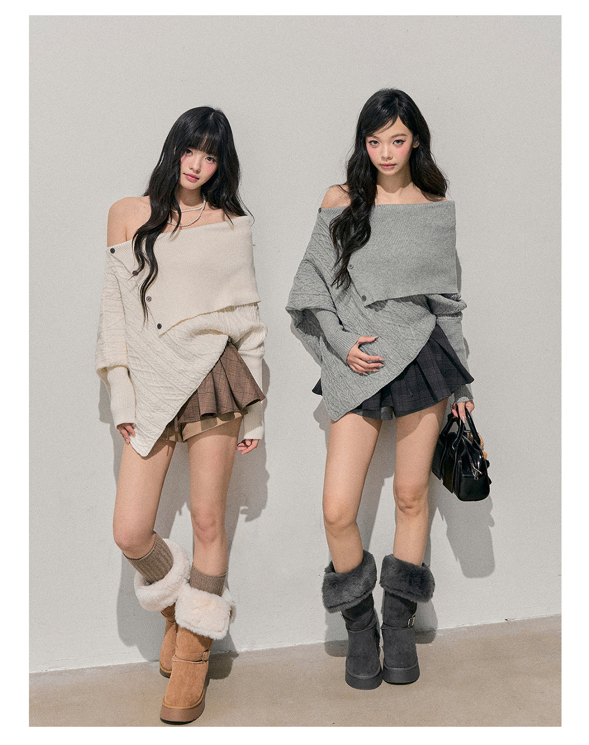 少也眼 “Letter from the Snow Country” Off-Shoulder Asymmetric Cable-Knit Sweater 1464854
