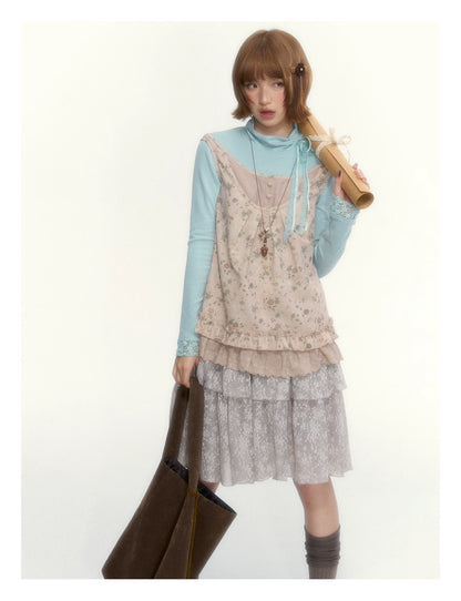 Misty Gray Pink Vintage Lace Tiered A-Line Skirt
