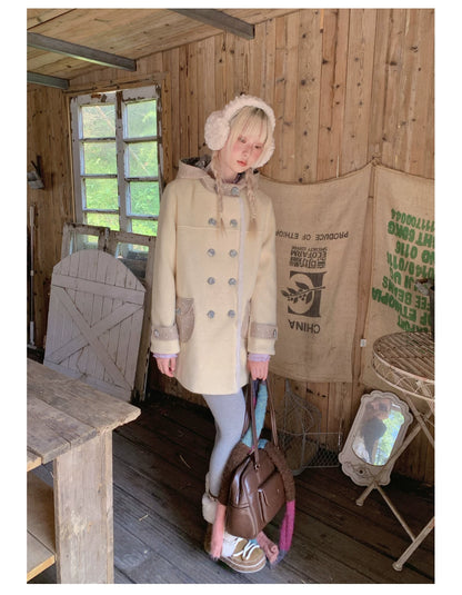 RF - Cream Yellow Hooded Wool-Blend Coat with Polka Dot Pockets