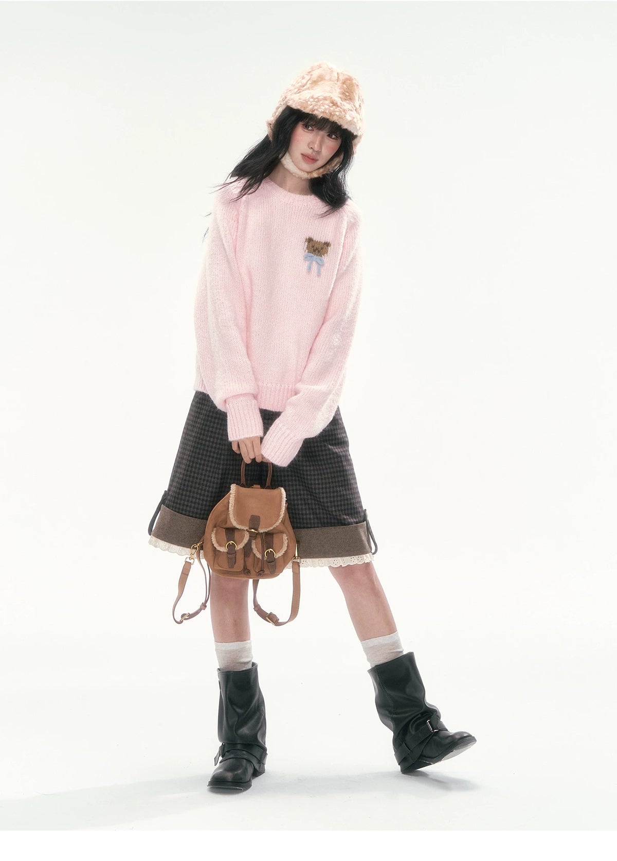 CAN - "The Little Bear Affair" Light Pink Teddy Bear Bow Jacquard Sweater