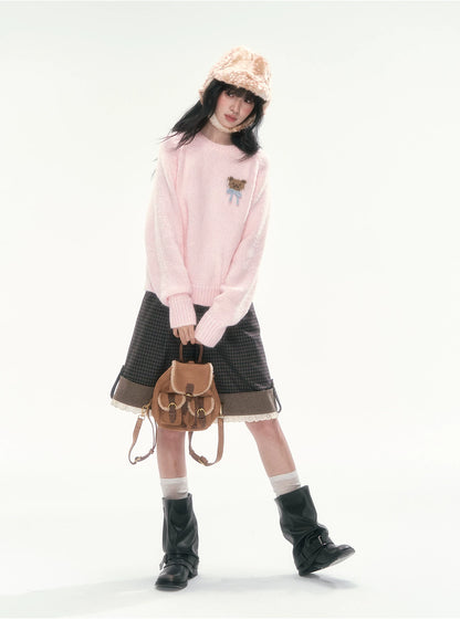 CAN - "The Little Bear Affair" Light Pink Teddy Bear Bow Jacquard Sweater