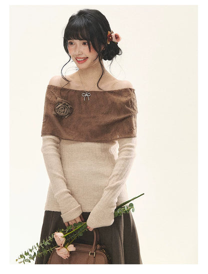 "Vintage Contrast" Brown Apricot Off-Shoulder Floral Knit Top