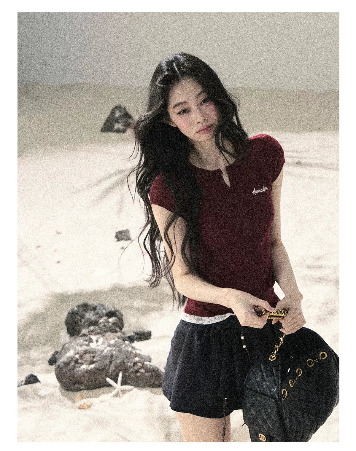 "Letter from the Tides" Burgundy Red Faux Two-Piece Lace Waist-Fit Crop Top 452436