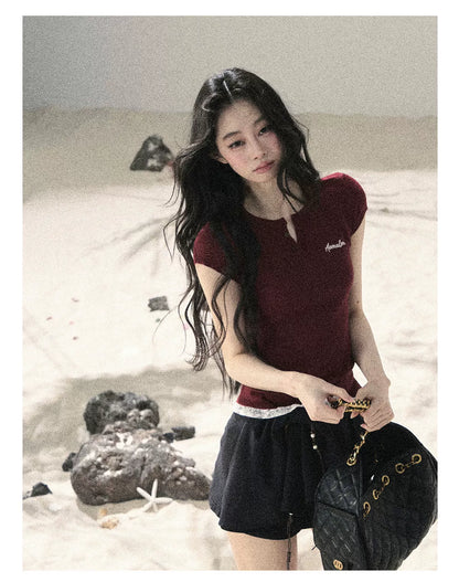 "Letter from the Tides" Burgundy Red Faux Two-Piece Lace Waist-Fit Crop Top 452436