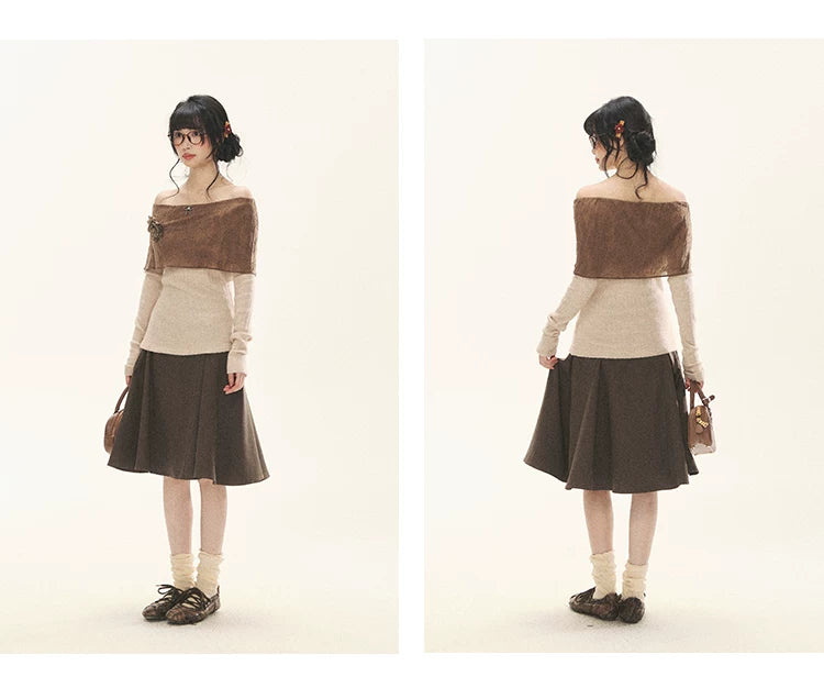 "Vintage Contrast" Brown Apricot Off-Shoulder Floral Knit Top