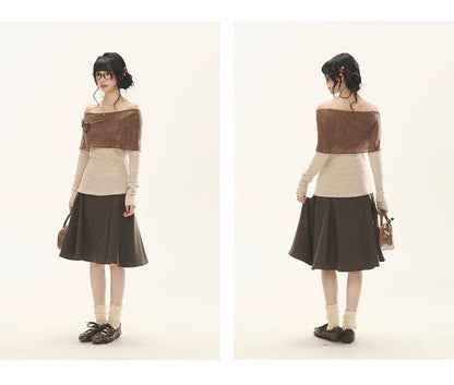 "Vintage Contrast" Brown Apricot Off-Shoulder Floral Knit Top