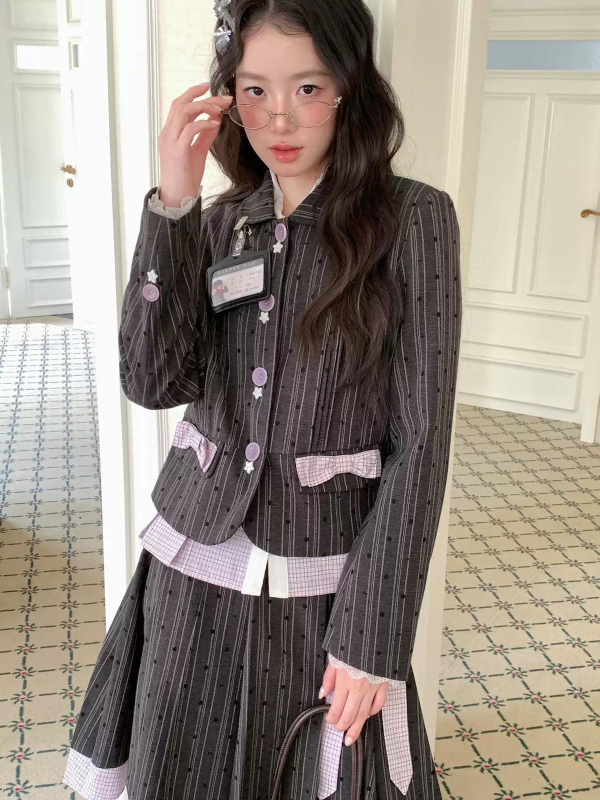 [[RF] “Ink Plaid Prelude” Gray-Purple Plaid Striped Pleated Skirt Two-Piece Set