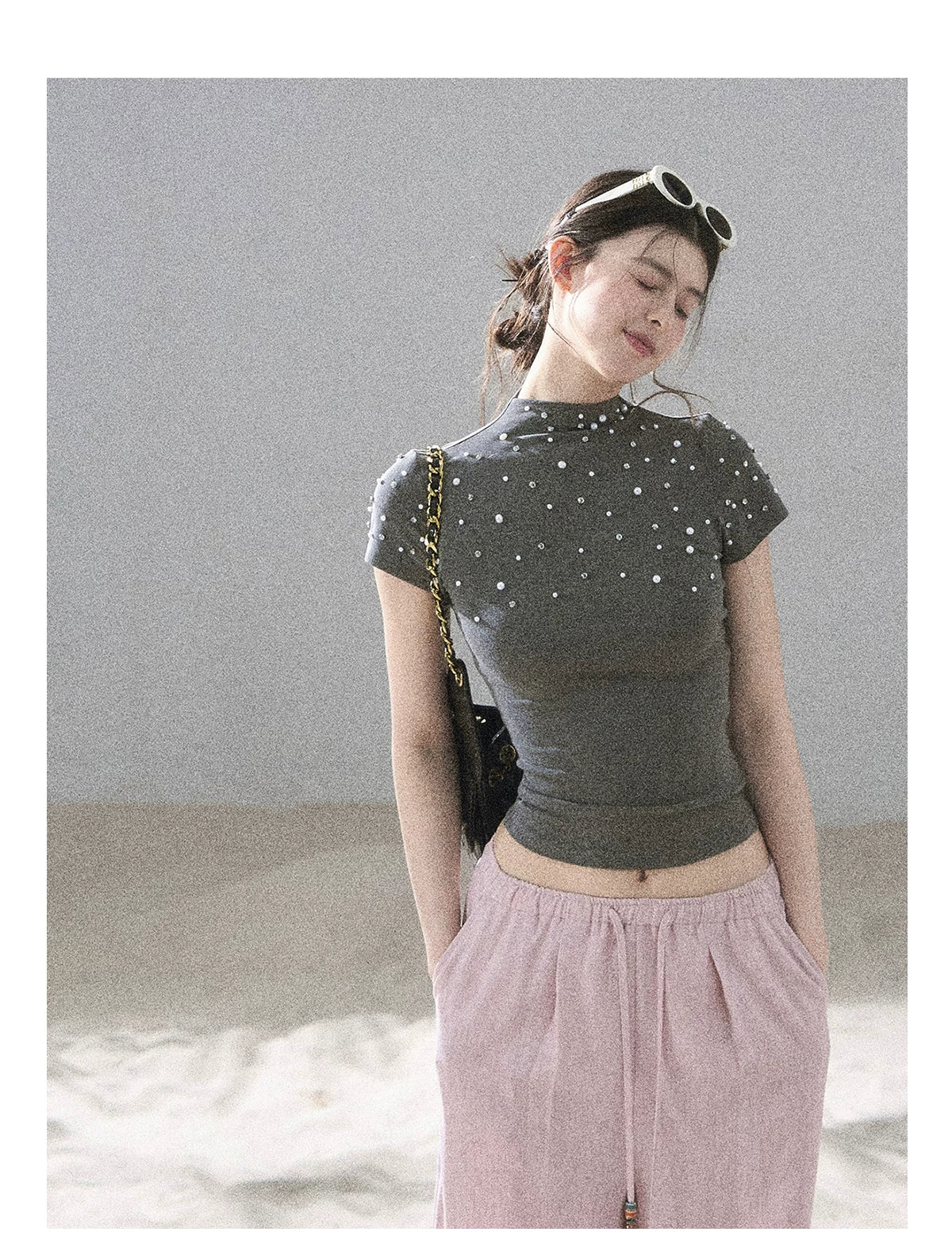 "Scattered Across the Milky Way" Pearl Beaded Knit T-Shirt (Haze Blue/ Sage Gray)