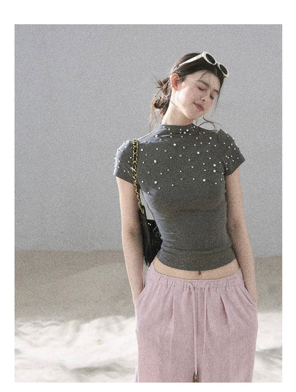 "Scattered Across the Milky Way" Pearl Beaded Knit T-Shirt (Haze Blue/ Sage Gray)
