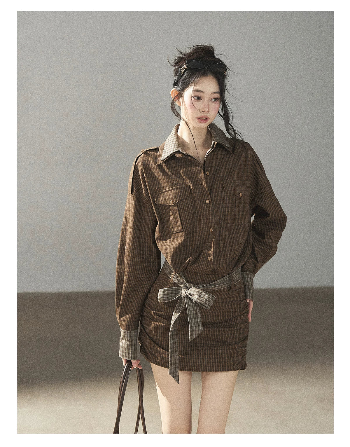 AOMALM - "A Promise Beneath the Oak" Crabapple Brown Plaid Shirt Dress with Belt