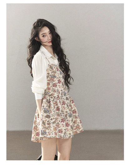 AOMALM - Dutch Cheese Floral Mini Dress & Creamy White Blouse Set