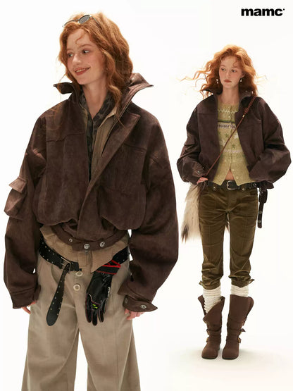 MAMC - Brown Faux-Horsehair Textured Cropped Jacket with Metal Snap Collar