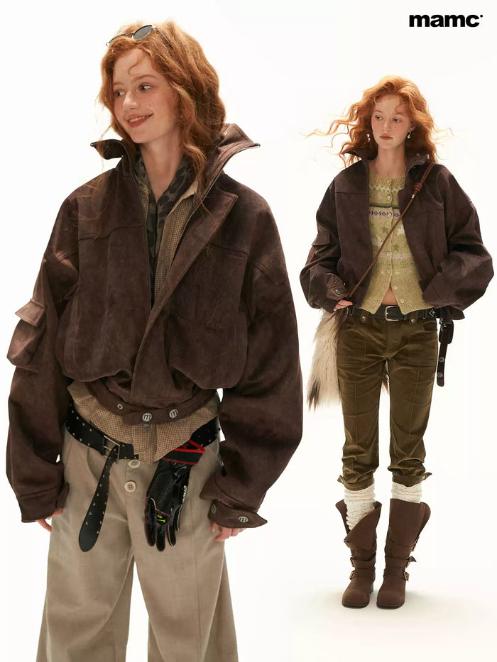 MAMC - Brown Faux-Horsehair Textured Cropped Jacket with Metal Snap Collar