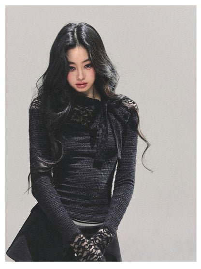 少也眼 “Monochrome Whispers" Lace Long-Sleeve Top - Black