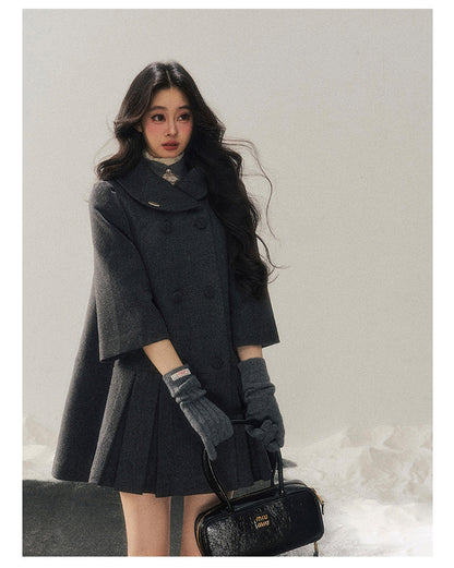 少也眼 "Luxembourg Heiress" Deep Rock Gray Preppy Wool-Blend Mid-Length Coat