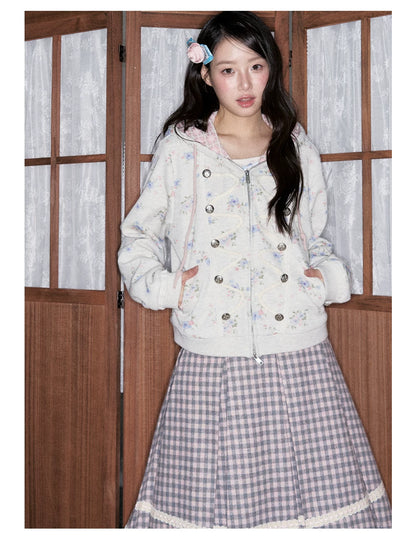 [RF] Vintage Floral Waffle Knit Hoodie Cardigan with Gingham Lining