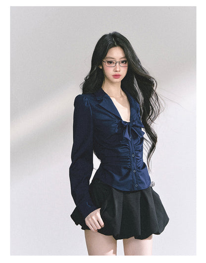 少也眼 "K-Drama White Moonlight" Soft Sophisticate Blouse - Navy Blue 486864