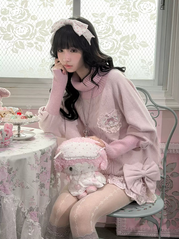 KYOUKO - My Melody Pink High-Neck Cable-Knit Sweater and Lace Tiered Skirt Set