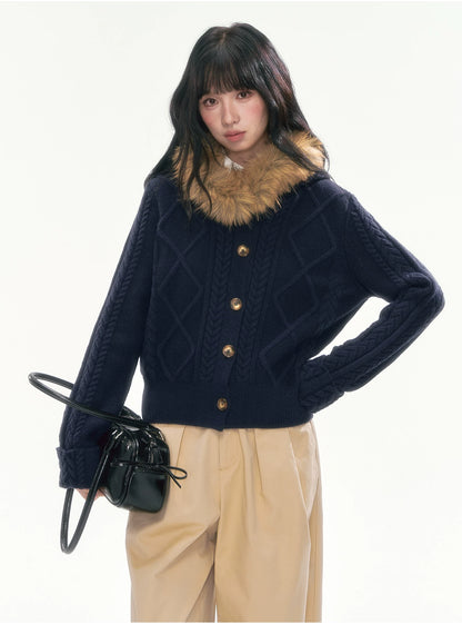 [CAN] Cable Knit Hooded Cardigan (Navy / Dusty Pink)