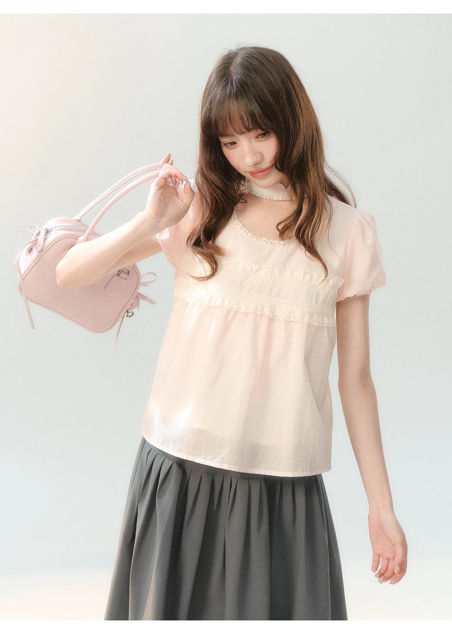 "Pink Mist Notes" Blush Pink Lace Puff Sleeve Blouse  LL2026217