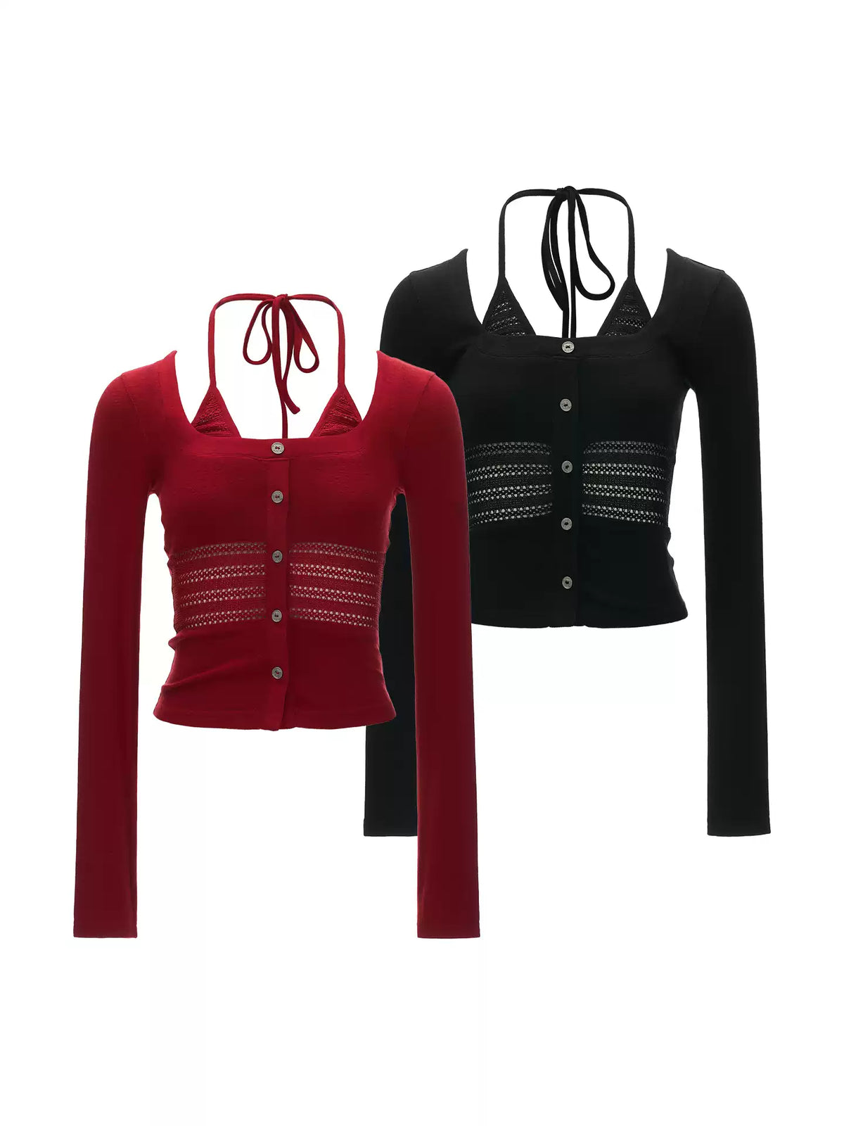 MAMC - Halter Neck Layered Mock Two-Piece Top with Cutout Detail (Red / Black)