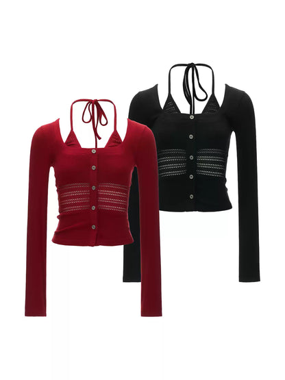 MAMC - Halter Neck Layered Mock Two-Piece Top with Cutout Detail (Red / Black)
