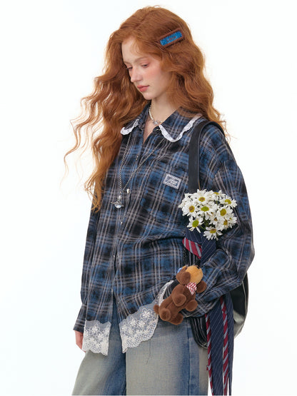 ZiziFei - Vintage-Inspired Plaid Shirt with Ruffle Lace Trim