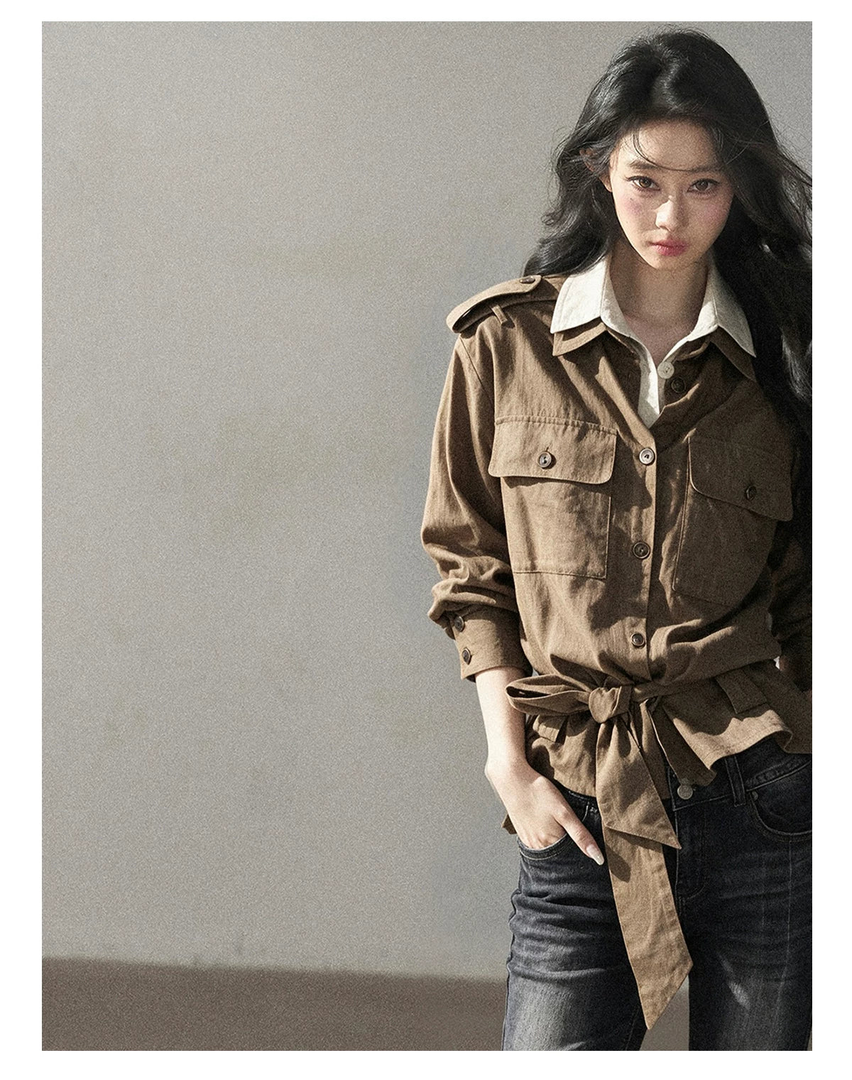 AOMALM - "The Final Chapter of an Old Dream" Roasted Pecan Brown Faux Two-Piece Linen Top with Belt