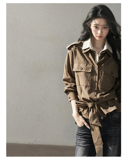 AOMALM - "The Final Chapter of an Old Dream" Roasted Pecan Brown Faux Two-Piece Linen Top with Belt
