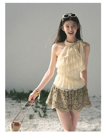 “Lost in Your Embrace” Roasted Pecan Lace Puff Skort