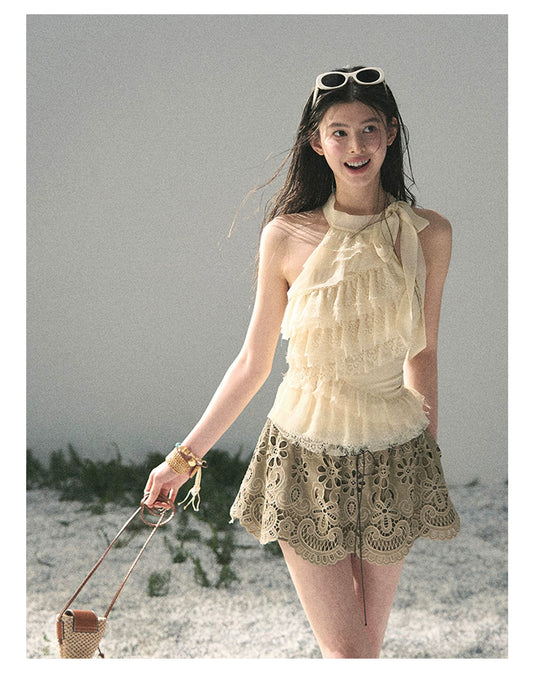 “Spring Traces in Tulle” Pale Butter Lace Halter Top