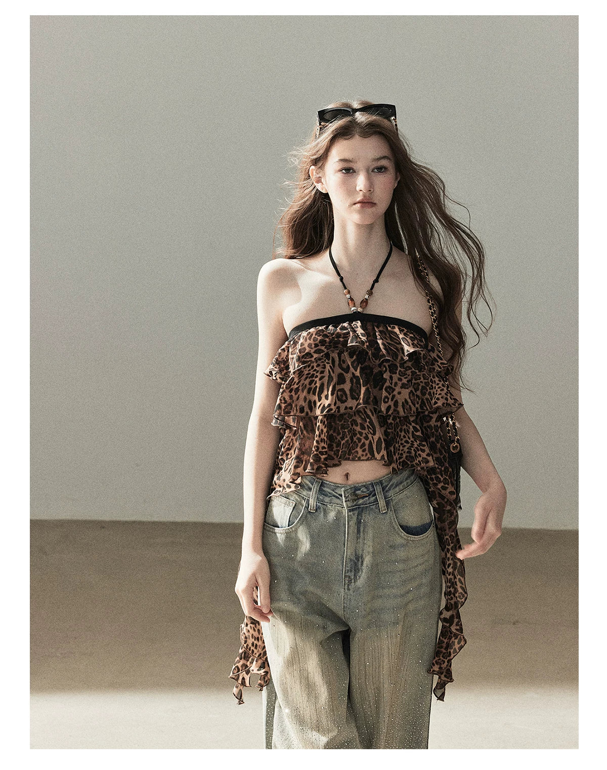 "Chasing the Sunset" Chestnut Brown Leopard Halter Ruffle Crop Top