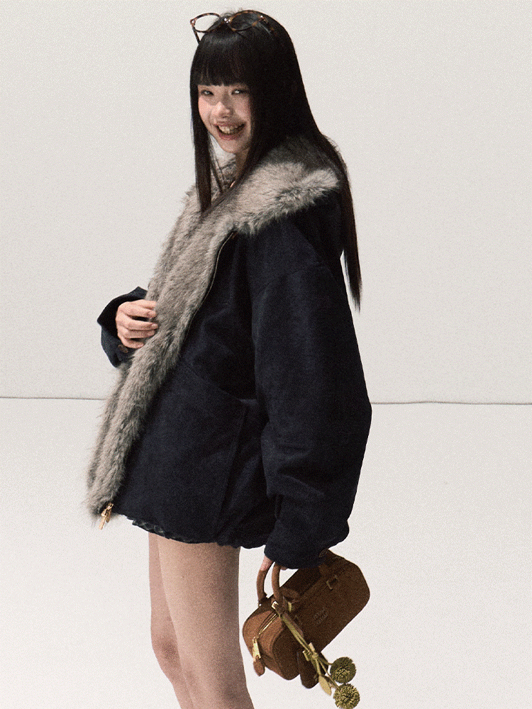 OAKMOO/ Agate Blue Faux Suede Hooded Jacket with Ombre Faux Fur